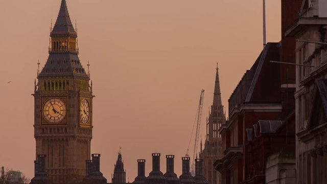 A close-up evening timelapse of the Big Ben (Elizabeth Tower) in London, England, UK
