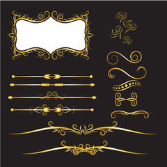 Color Gold  Vintage Decorations Elements. Flourishes Calligraphic Ornaments and Frames. Retro Style Design Collection Black background.