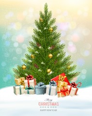 Holiday background with a Christmas tree and presents. Vector