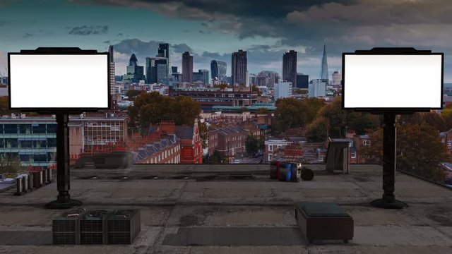 A timelapse blend of footage and 3D elements showing the City of London from the rooftops with 2 screens for custom messages or personalized content
