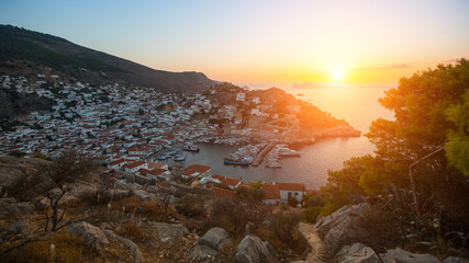 Hydra island in the setting sun, Aegean sea, Greece.