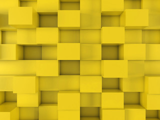 3d abstract cubism yellow geometric square background with mixed fragments. Surreal cubic texture of squares of varying heights. Top view. High-resolution 3d illustration