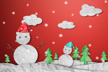 Snowman wearing red Santa hat in winter with snow, paper cut made of crumpled paper, Christmas Background
