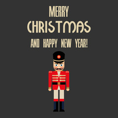 Vector illustration of a nutcracker and drum with text merry christmas and happy new year