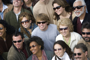 High angle view of happy group of multiethnic people wearing sunglasses