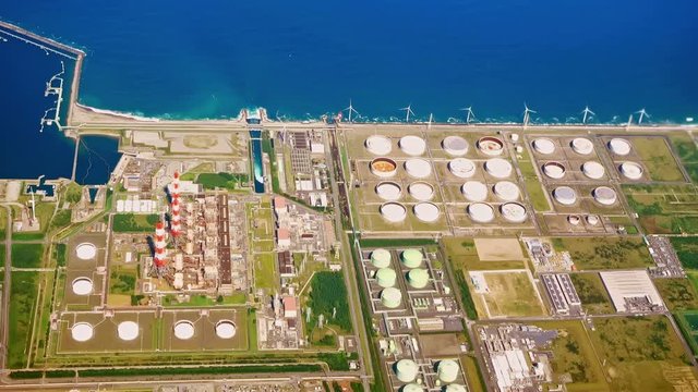 Aerial view of Tokyo seaside factory on the plane