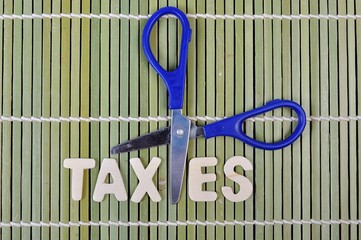 Scissors and the alphabet TAXES on bamboo rolling mat