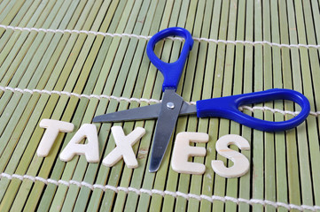 Scissors and the alphabet TAXES on bamboo rolling mat