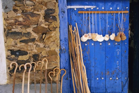 El Camino Pilgrimage to Santiago de Compostela, scallop shells and walking sticks, Galicia, Spain