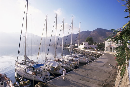 Yachts, Livadhia, island of Tilos, Dodecanese, Greece