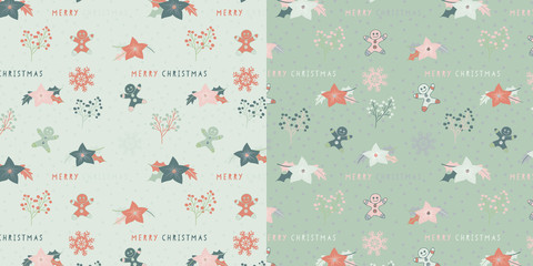 Hand drawn of merry christmas motifs,pines,berries,snow and Fa La La seamless pattern.
