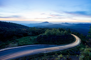 Long Exposure of Car Lights on mountains Sun rise thailand