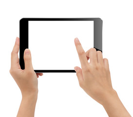 close-up hand holding tablet isolated white background clipping