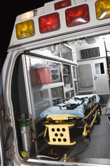 Interior of an empty ambulance with stretcher