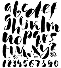 Hand drawn font made by dry brush strokes. Grunge style alphabet