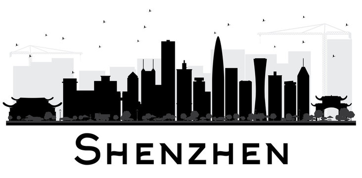 Shenzhen City skyline black and white silhouette.