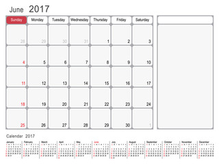 Calendar Planner Design June 2017 year vector calendar design