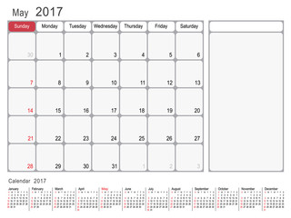 Calendar Planner Design May 2017 year vector calendar design