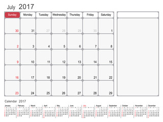 Calendar Planner Design July 2017 year vector calendar design