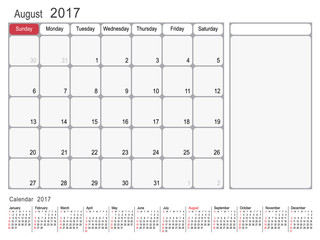Calendar Planner Design August 2017 year vector calendar design
