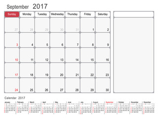 Calendar Planner Design September 2017 year vector calendar design