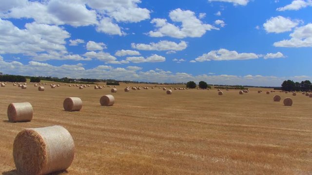 Close up flying above stunning golden field of mowed grass and bales of hay