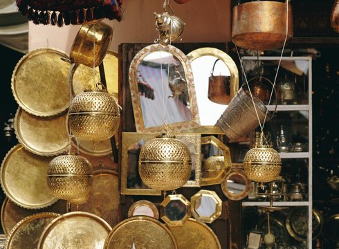 Brassware and lanterns for sale in the souk in the medina, Marrakech (Marrakesh), Morocco