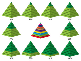 Set of green isometry symmetrical pyramid charts. Elements for infographics. Vector