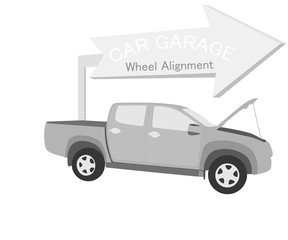 Car garage and wheel alignment vector silhouette on a white background