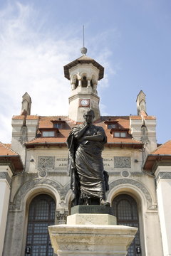 Piata Ovidiu, the central square of the old quarter with a statue of the exiled poet, Ovid in front of the Archaeological and Historical Museum, Constanta, Romania