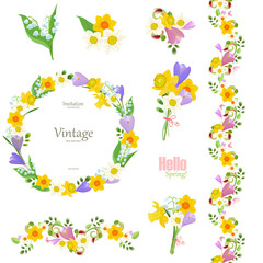 spring floral collection. seamless border and cute wreath for yo