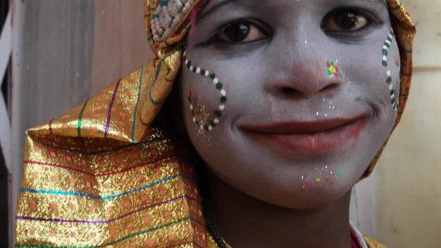 Young Girls dressed as Hindu goddess with make-up and traditional clothing at the Pushkar Mela festival in Rajasthan, India 