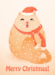 Christmas greeting card with cute happy cat. Vector illustration. Merry Christmas card.