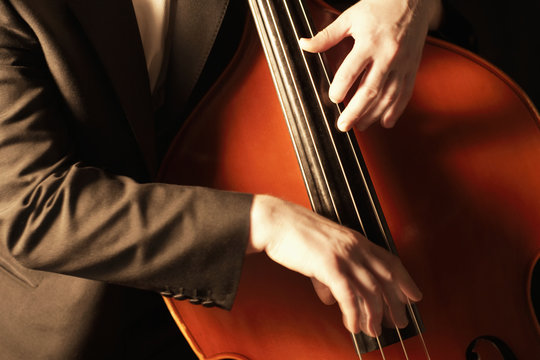 Closeup of hands plucking fingerboard of double bass