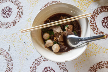 The black noodle in the bowl,Thailand food.