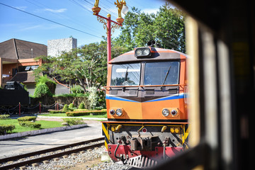 The train on railway,view from inside another train.