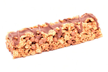 Cereal bar with chocolate isolated on white background