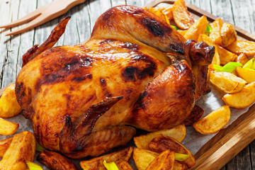 chicken barbecue in oven with potato wedges and leek