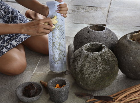 Preparing Jamu, a herbal elixir, Bali, Indonesia