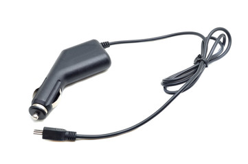 Car battery charger for mobile phones, laptops, etc. Charges your cell phone via the mini-USB connector. Fits into your car cigarette lighter socket. Isolated on white background