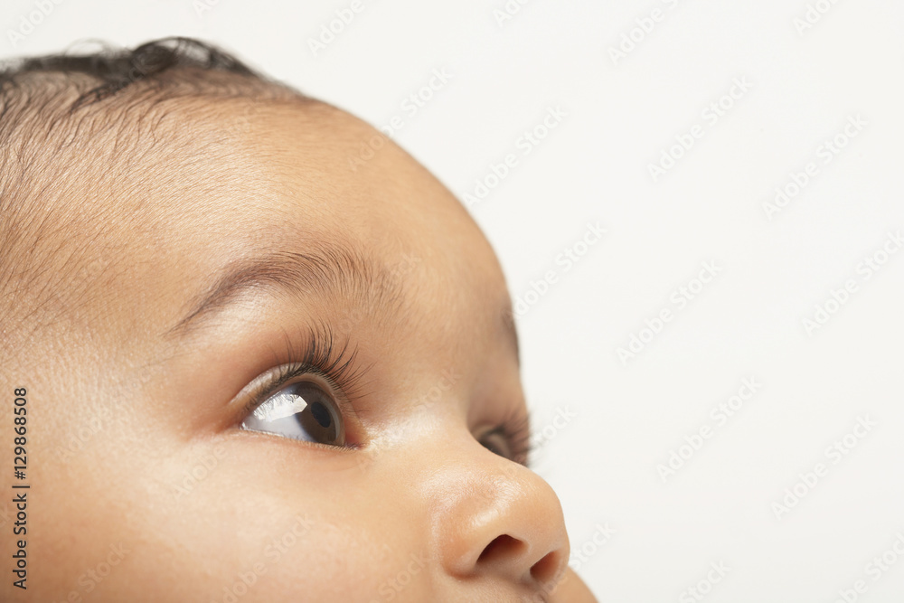 Wall mural closeup of baby boy looking up on white background