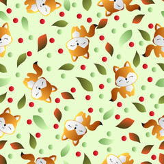 seamless pattern with smiling red fox and green leaves on a light green background 
