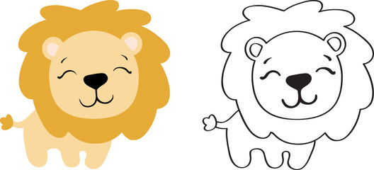 drawing of a cartoon cute toy lion - in color and line art