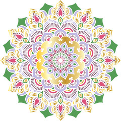 Drawing of a floral mandala in pink, maroon, violet, green and gold colors on a white background. Hand drawn tribal  vector stock illustration