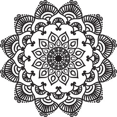 Drawing of a abstract vector with floral round lace mandala, decorative element in ethnic tribal style, black line art on a white background