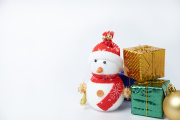 Gift boxs on Christmas with snowman and some decoration on white background, celebration christmas and happy new year 2017.