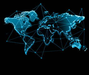 World map on a technological background, glowing lines symbols of the Internet, radio, television, mobile and satellite communications.