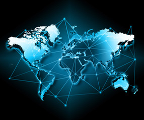 World map on a technological background, glowing lines symbols of the Internet, radio, television, mobile and satellite communications.