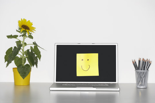 Smiley Face On Laptop Screen By Pencils In Cup And Flowers On Desk