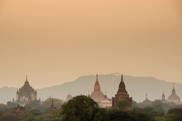 Beautiful sunrise and landscape view of Bagan from Shwesandaw Pagoda, Bagan, Myanmar, Soft focus